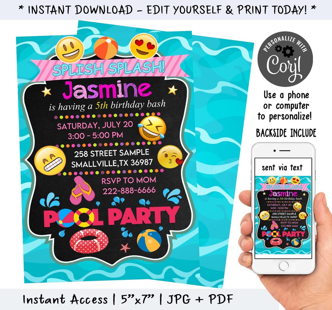 Editable Emoji Pool Party Invitation Pool Birthday Party - Etsy España