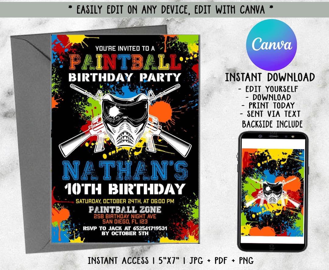Paintball Birthday Invitation, Paintball Invitation, Paintball Party