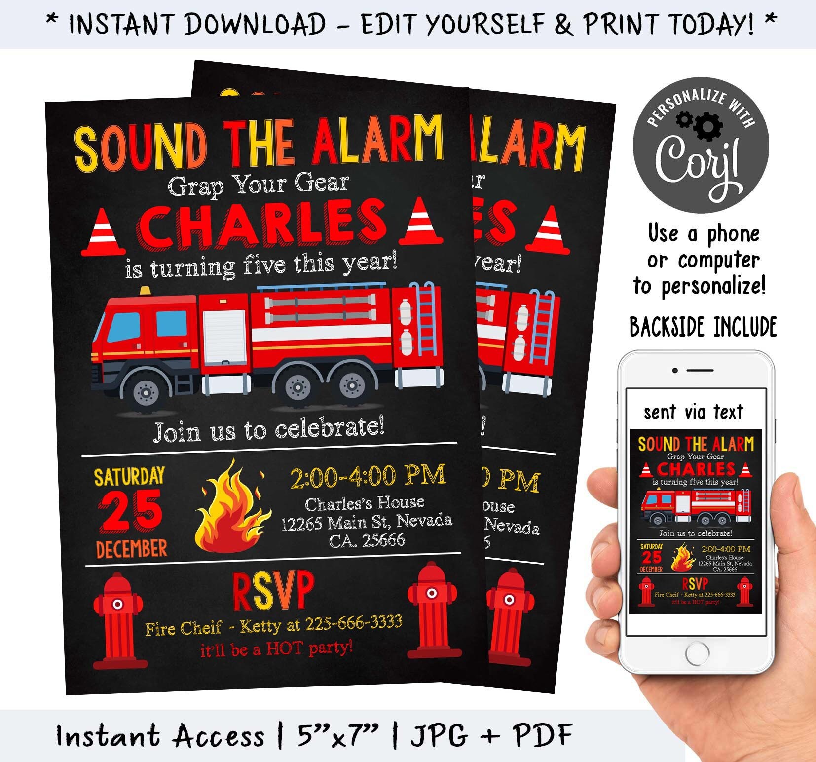 Fire Truck Birthday Party Invitations Instant Download - Etsy