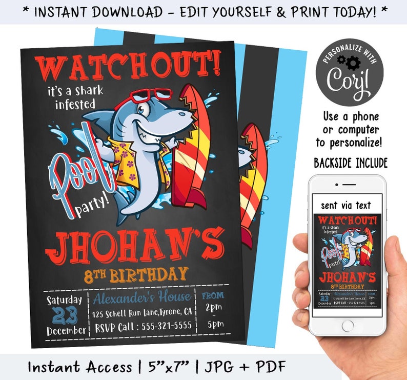 Editable Shark Birthday Invitation Shark Pool Party Etsy