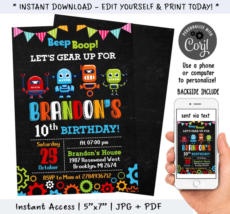 Robot Invitation, Robot Birthday Invitations, Robot Party, Robot