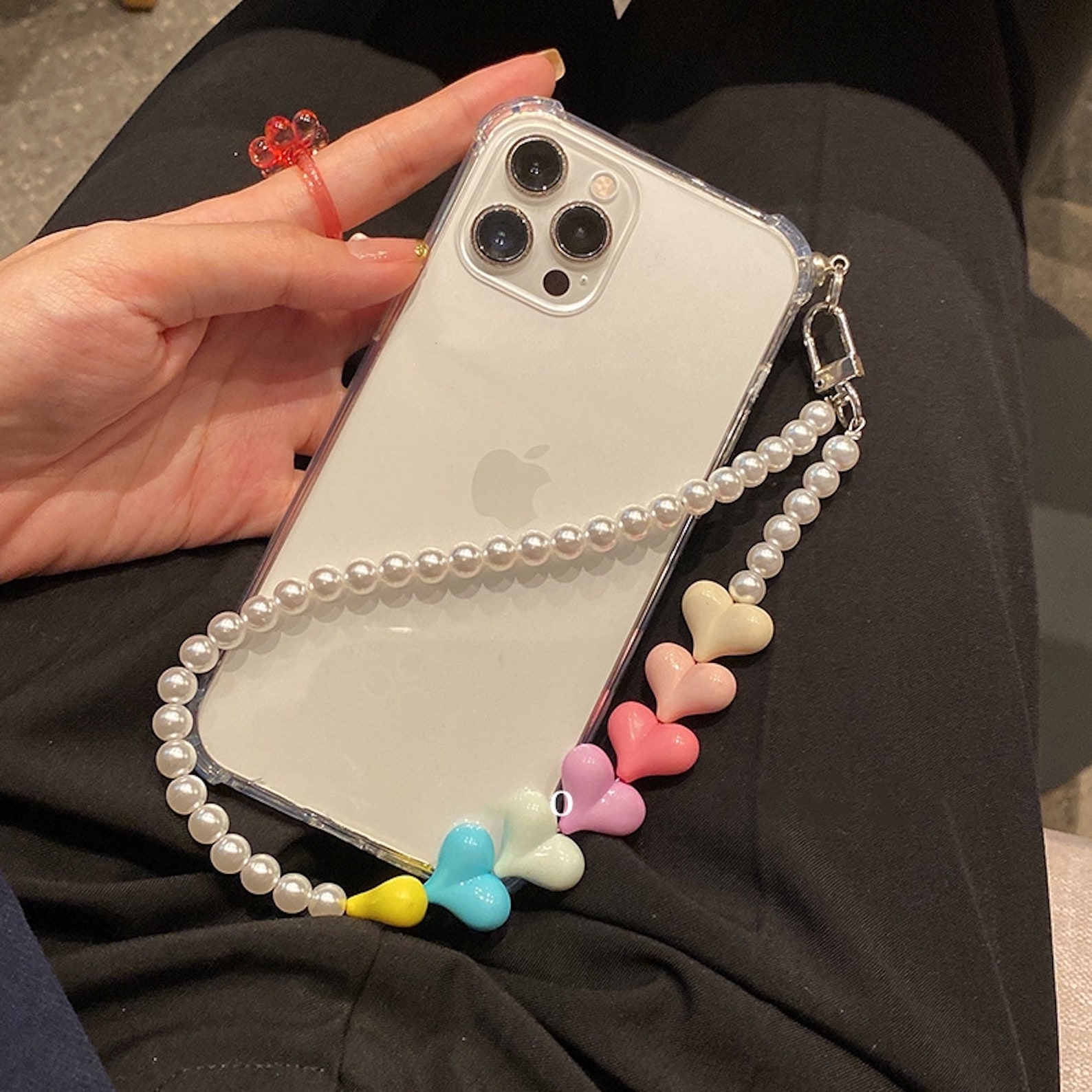 Iphone Case With Strap Cute Heart Pearl Charm Chain Wrist Etsy