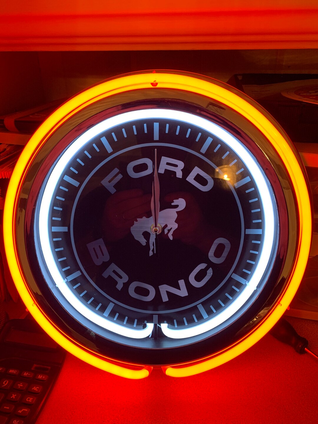 Bronco Garage 16 Inch Double Neon Clock Pick Red Blue or Green, Custom