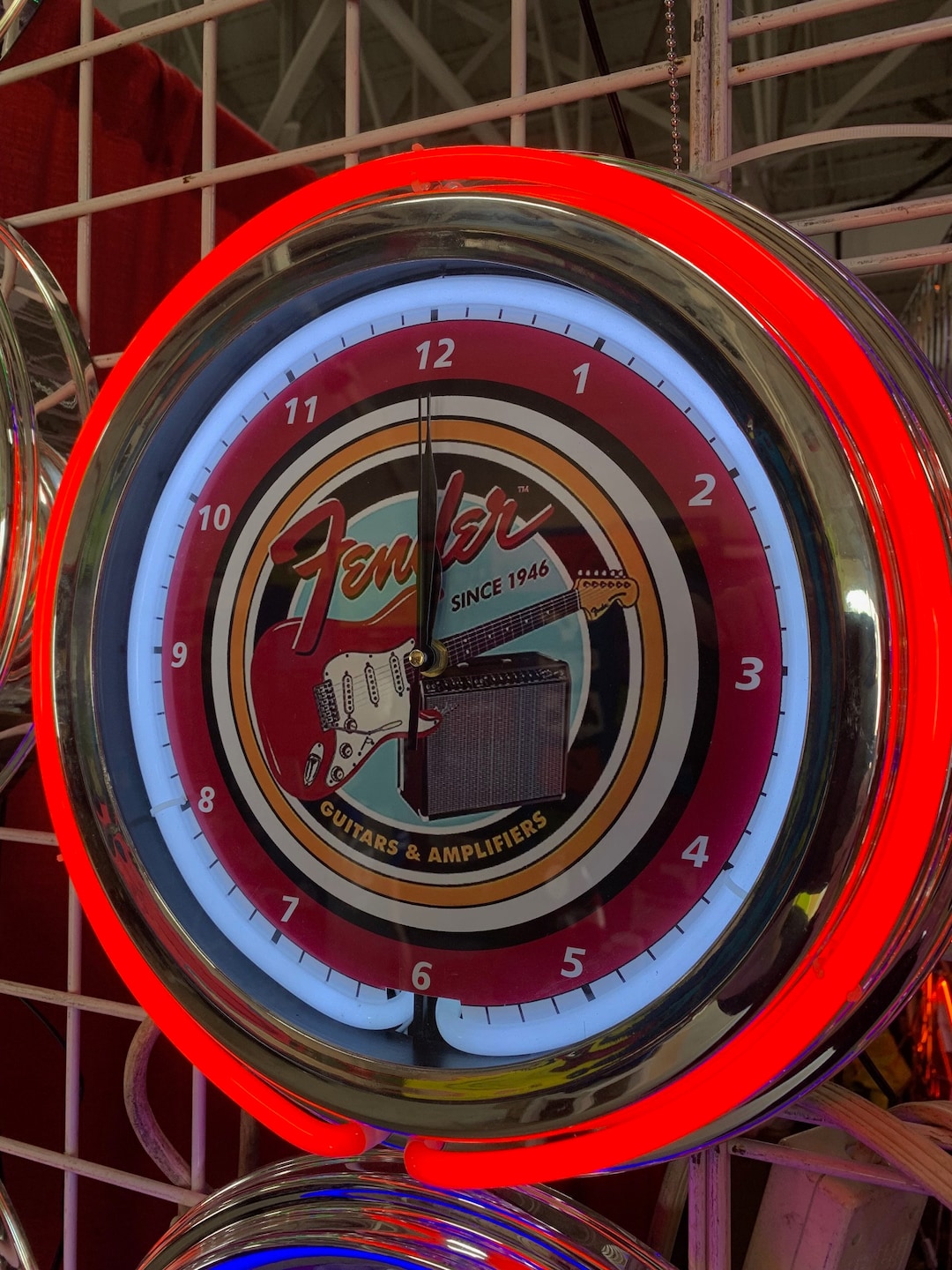 Fender, Music Room, Garage 16 Inch Double Neon Clock or Sign. Mancave