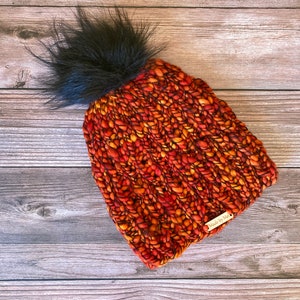 Orange and black beanie | handmade |  merino wool | adult hat | winter hat | wool hat | hand knit |faux fur pom pom