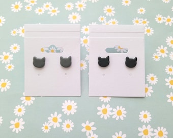 Cute Cat Stud Earrings, Gray Cat Earrings, Black Cat Earrings, Polymer Clay Cat Earrings
