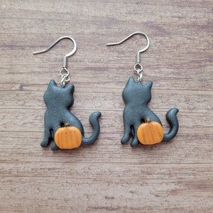 Pumpkin Cat Earrings, Halloween Cat Earrings, Polymer Clay Cat Earrings