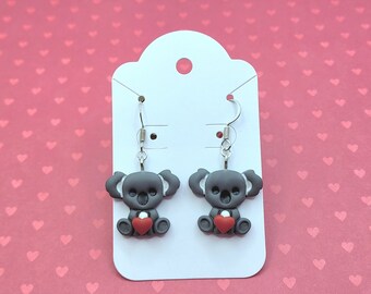 Koala Earrings, Valentine's Day Koala Earrings, Handmade Valentine's Day Earrings