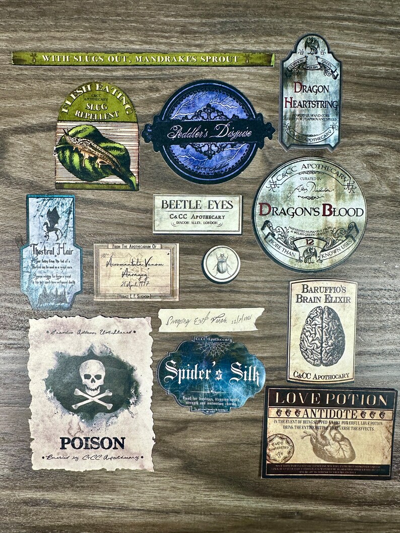 May include: A collection of vintage-style potion labels with illustrations and text. The labels feature names like "Dragon Heartstring", "Beetle Eyes", "Spider's Silk", and "Love Potion".