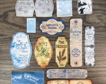 13 Winter Themed Potion Labels Printed on Sticker Paper and Cut Out