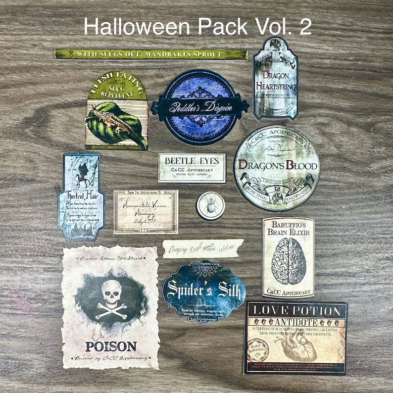 May include: A set of 10 Halloween themed potion bottle labels. The labels are printed on white paper with black, brown, green, and blue ink. The labels feature various potion names, such as "Dragon's Blood", "Beetle Eyes", and "Love Potion".
