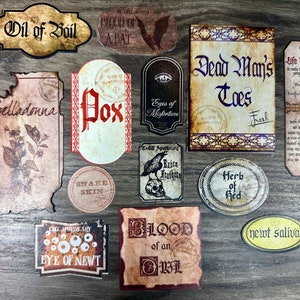 13 Witch Themed Potion Labels Printed on Sticker Paper and Cut Out