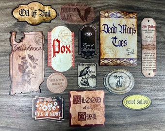 13 Witch Themed Potion Labels Printed on Sticker Paper and Cut Out