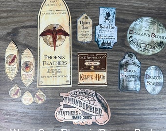11 Wand Core/Phoenix/Dragon Themed Potion Labels Printed on Sticker Paper and Cut Out