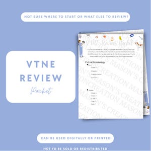 May include: A light blue background features a white rectangular shape with the text "VTNE REVIEW Packet". To the right, a review packet is held together with a paper clip. The packet includes medical terminology.
