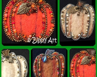 Zipply Art Jeweled Pumpkin Needle Felted Brooch/Pin Pattern