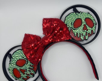Poison Apple Rhinestone Mouse Ears Headband | Villain Inspired Apple Ears | Red Sequin Bow | Dark Fairy Tale Park Accessory