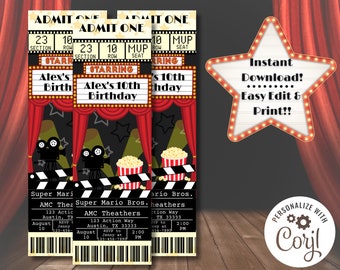 Movie Birthday Ticket Invitation, Movie Birthday Invite Ticket, Movie Birthday Party Invite Tickets, Instant Download with Editable Text