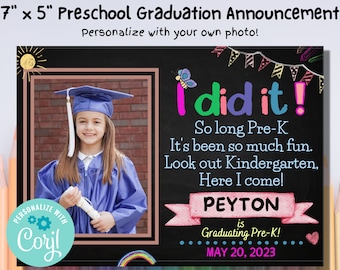 Preschool Graduation Invite, Pre-K Graduation Announcement Template, Preschool Graduation Class of 2024 Invite, Photo Chalkboard Printable
