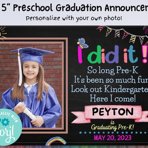 Preschool Graduation Invite, Pre-K Graduation Announcement Template, Preschool Graduation Class of 2024 Invite, Photo Chalkboard Printable