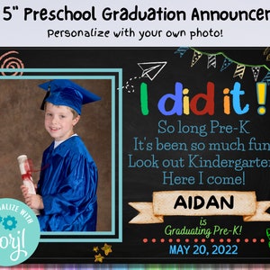 Invitación de graduación preescolar, plantilla de anuncio de graduación de preescolar, invitación a la clase de graduación preescolar de 2024, pizarra fotográfica imprimible