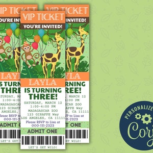 Safari Birthday Invitation, First Birthday Party Safari Animal Invite Ticket, Jungle Zoo Party Ticket, 1st Birthday, Wild One Birthday