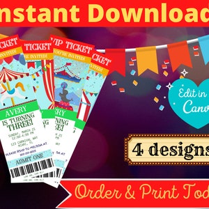 Carnival Party Ticket Invitation, Circus Birthday Invite Ticket, Carnival Birthday Party Invite Tickets, Instant Download with Editable Text