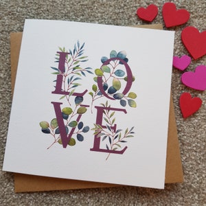 Biglietto di San Valentino, dipinto a mano, acquerello, sentimento LOVE, fogliame botanico