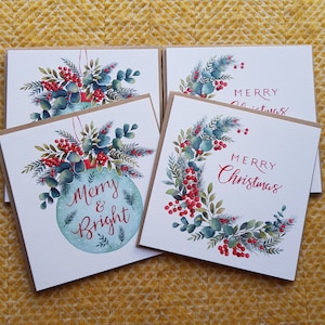 Pacchetto di cartoline di Natale dipinto a mano, cartoline di Natale, palline di Natale, ghirlanda di Natale, acquerello, illustrazioni in stile botanico