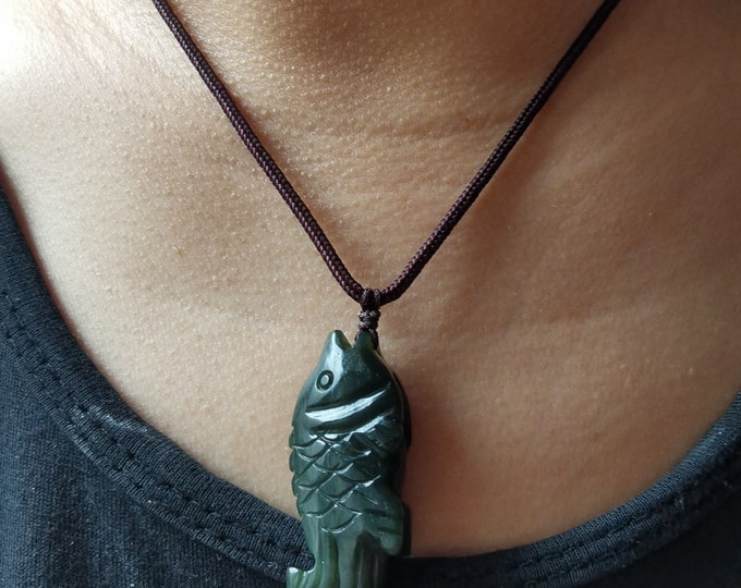 Fish Nephrite jade pendant Brown Rope adjustable necklace,gemstone bead pendant,Good Luck,best gift