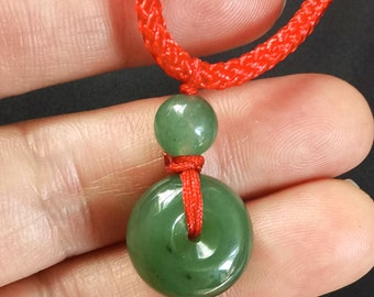 natural green jade stone,Red Rope adjustable necklace,gemstone bead,Good Luck,best gift Round Canadian Nephrite jade pendant
