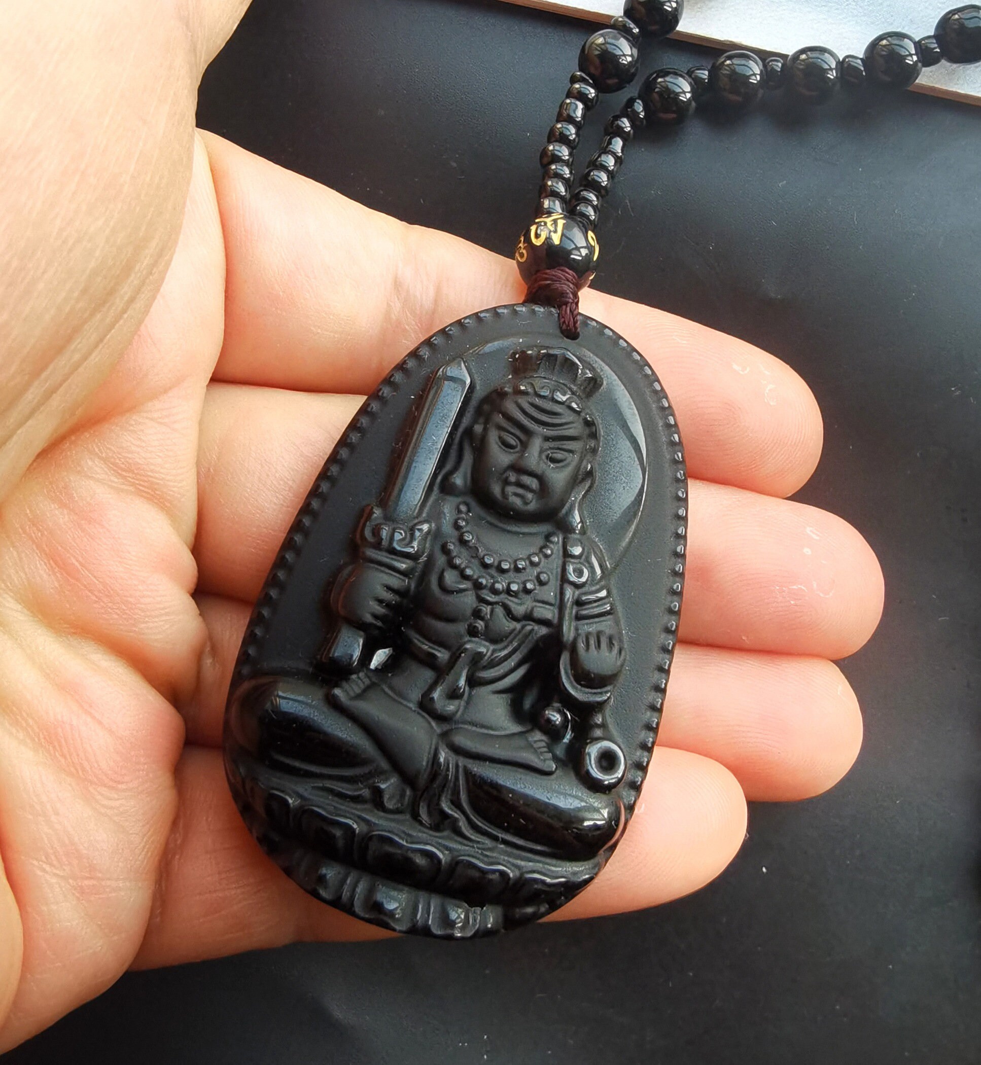 Protection black obsidian stone,bodhisattva ,Buddhism pendant,beaded necklace,24", gemstone stone Men or Women necklace
