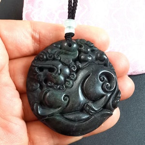 Unicorn,horse,Sika deer,Dragon,jade pendant,Rope adjustable necklace,carved black green jade stone,protector,amulet pendant,gemstone bead