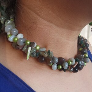 3Rows natural nugget greenFreshwater pearl,agate stone,Prehnite crystal,Beaded Necklace,Statement knotted Necklace,18&quot; -01