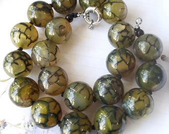 Large Dragon Vein Agate Beaded Necklace: Knotted Gemstone Jewelry