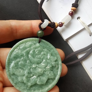 Certified,flower circle &quot;花开富贵&quot; natural green jadeite jade stone protector,amulet pendant,Grade A,adjustable rope necklace,Men Women jewelry