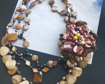 Statement Shell Necklace: Freshwater Pearl & Crystal Flower, 19"
