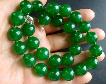 Green jade stone Chunky Necklace,14"-60" Round 8mm/10mm/12mm Green Round Beaded Necklace,Statement knotted Necklace