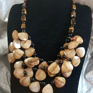2styles,Teardrop brown shell,mop,black onyx stone,yellow tiger eye stone,lampwork,nugget gemstone beaded,Statement Necklace 21&quot;,-04