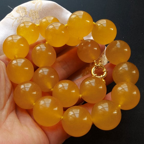 Large Round Yellow jade stone Chunky beaded Necklace,16"-35" ,16mm/18mm/20mm,gemstone Statement knotted Necklace,man woman jewelry