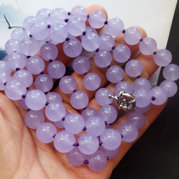 14"-60" Lavender Round jade Chunky stone beaded knotted Necklace,8mm,10mm,12mm, bracelet,earring,man,woman jewelry