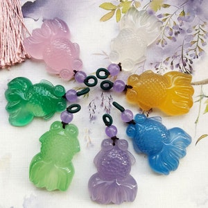 Fish,Natural Chalcedony Agate stone Pendant,green,white,purple pink,yellow,blue,Reiki Healing,Bronze Chain necklace,amulet