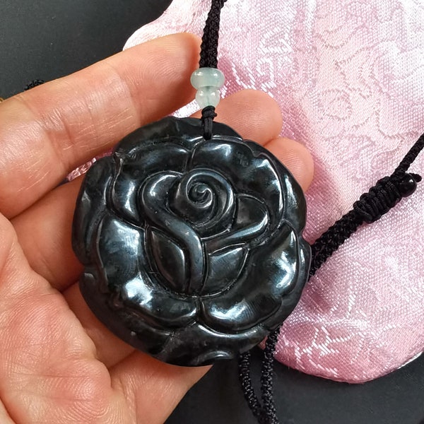 Rose flower,Dragon turtle,crane jade pendant,Rope adjustable necklace,carved black green jade stone,protector,amulet pendant,gemstone bead