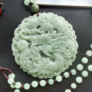 Certified,bring money dragon circle carving natural green jadeite jade stone pendant,Rope necklace,protector,amulet,gemstone bead,Good Luck
