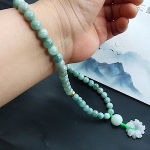 15&quot; Hand held,Round,flower,Grade A Burma jadeite jade beaded prayer bracelet, amulet,protector,good lucky gift,Unisex Beaded Bracelet mala