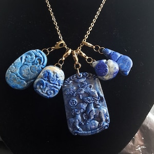 Carved natural blue lapis lazuli stone Pendant necklace,Bronze Lucky Chain Blessing,amulet,Holiday gift,Mother&#39;s Day