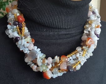 Collar de cuentas gruesas de 20" y 6 filas, pepitas de piedra de ágata natural, cristal de cuarzo, piedra de jade, piedras preciosas, collar anudado llamativo, -03