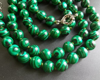 Round Green Malachite stone Chunky Beaded Necklace,14"-60",6mm/8mm/10mm charm Statement knotted man,woman,Necklace jewelry