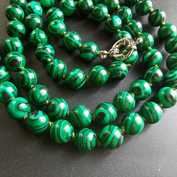 Round Green Malachite stone Chunky Beaded Necklace,14"-60",6mm/8mm/10mm charm Statement knotted man,woman,Necklace jewelry