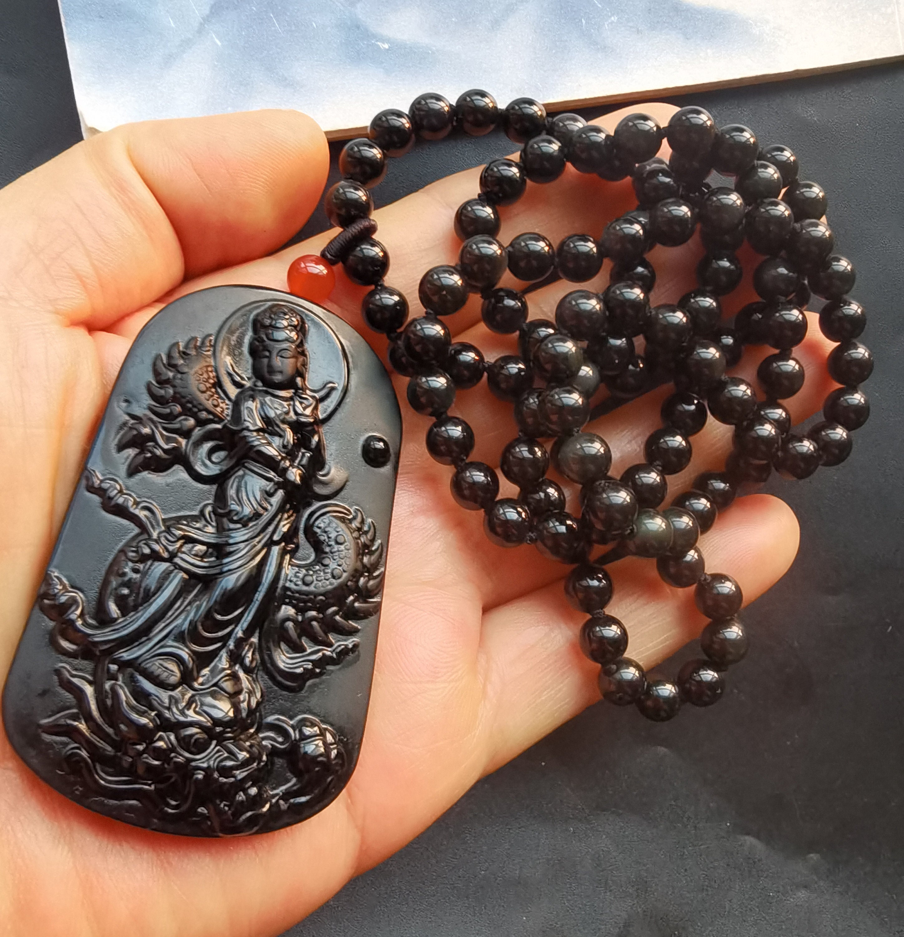 Obsidian Buddha Pendant Necklace: Dragon Carving, 108 Bead Mala